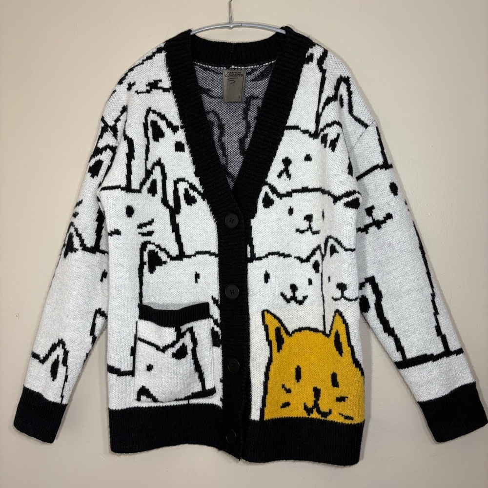 Fashion Concepts Cat-Pattern Cardigan in Black, White & Yellow- woman’s S